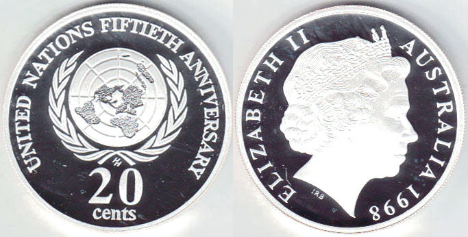 1998 Australia silver 20 Cents (United Nations) Proof
